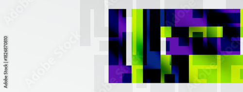 Abstract digital art. Vibrant green, purple hues blend, forming rectangular shapes. Minimalist design, dark background contrasts bright colors.