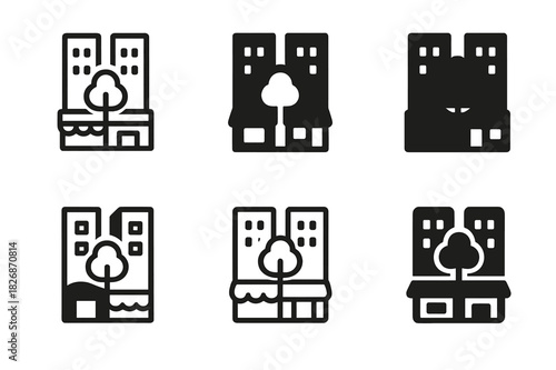 Mixed-Use Icons Set. Mixed-use neighborhoods. Icon set. Set Logo of mixed-use neighborhoods: compact community with park and street-level retail. harmonious