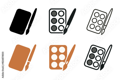 Art Techniques Icon Set. Fine art techniques and tools. Icon set. Set Logo of Fine art techniques and tools: watercolor pan set with brush. harmonious logo