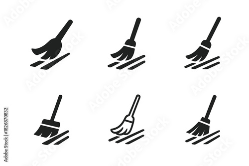 Tidy Environment Logos. Sweeping the Floor. Icon set. Set Logo of tidy environment: broom crossing clean floor lines. harmonious logo variations of the same