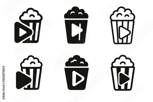 Streaming Popcorn Icons. Watching Your Favorite TV Show or Movie with Popcorn. Icon set. Set Logo of streaming moment: play symbol with popcorn box. harmonious