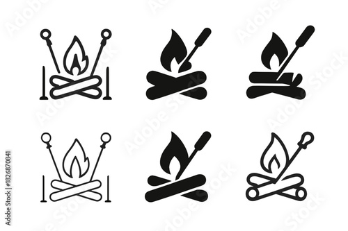 Fireplace Logo Set. Lighting the fireplace. Icon set. Set Logo of Lighting the fireplace: fireplace tool set arranging logs. harmonious logo variations of the