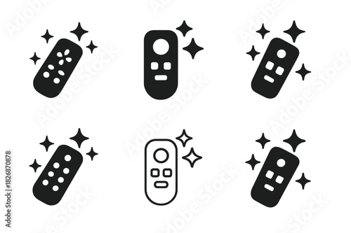 Family Movie Marathon Logos. Organizing a family movie marathon. Icon set. Set Logo of Organizing a family movie marathon: remote control with sparkles.