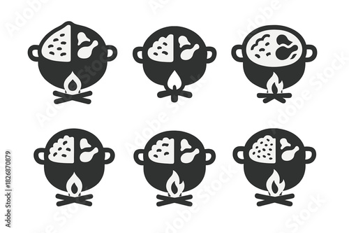 Curry Logo Variations. Cooking a chicken curry with a side of basmati rice. Icon set. Set Logo of cooking a chicken curry with a side of basmati rice: curry