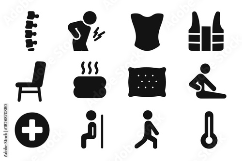 Posture Correction Icons. Posture Correction. Solid icon set of spine, person holding back, pain lines, muscle, back brace, chair, hot pack, pillow, stretching