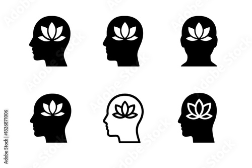 Emotional Intelligence Logos. Emotional intelligence leadership. Icon set. Set Logo of Emotional intelligence leadership: mindful head silhouette with lotus.