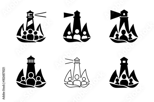 Diverse Team Logos. Building and leading diverse teams in business. Icon set. Set Logo of Building and leading diverse teams in business: lighthouse guiding