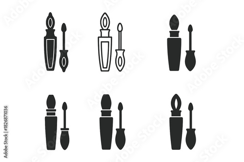 Luxury Makeup Logos. High-end makeup packaging. Icon set. Set Logo of High-end makeup packaging: luxury lip gloss vial with applicator. harmonious logo