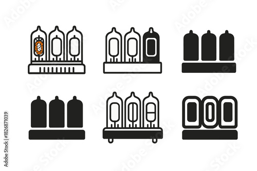Vintage Electronics Icons. Decorating with vintage electronics. Icon set. Set Logo of Decorating with vintage electronics: Nixie tube clock digits. harmonious