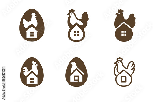 Diverse Chicken Coop Logos. Chicken Coop. Icon set. Set Logo of Chicken Coop: egg. harmonious logo variations of the same emblematic concept, each with