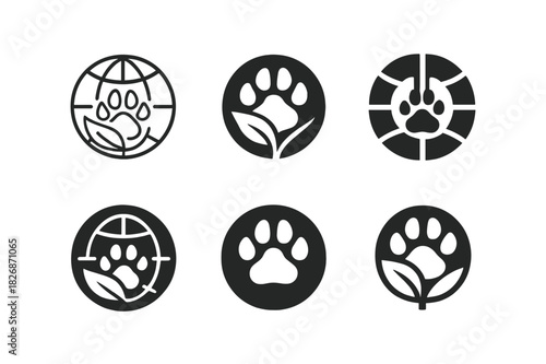 Eco-Tourism Logo Collection. Eco-tourism with wildlife preservation. Icon set. Set Logo of eco-tourism with wildlife preservation: globe with leaf and animal