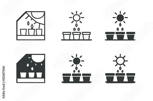 Seed Planting Icon Set. Planting seeds in pots. Icon set. Set Logo of Planting seeds in pots: windowsill pot under sun rays. harmonious logo variations of the