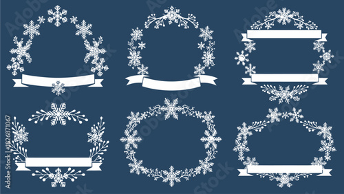 Set of decorative winter snowflake frames and borders with ribbons for holiday design elements and invitations