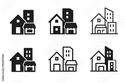 Mixed-Use Logo Icons. Mixed-use neighborhoods. Icon set. Set Logo of mixed-use neighborhoods: integrated skyline of house, store, and office tower. harmonious