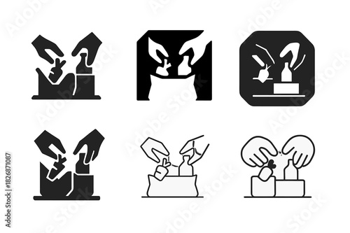 Groceries Icon Grid. Putting groceries away. Icon set. Set Logo of putting groceries away: hands transferring items from bag to counter. harmonious logo