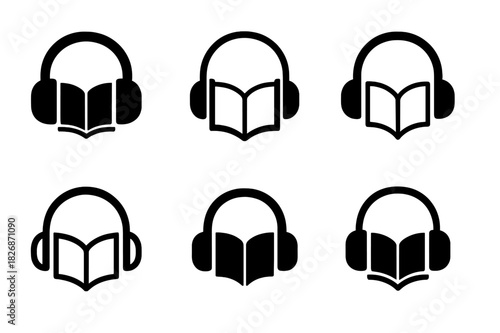 Storytelling Logo Variations. storytelling practices. Icon set. Set Logo of storytelling practices: podcast headset over open book. harmonious logo variations