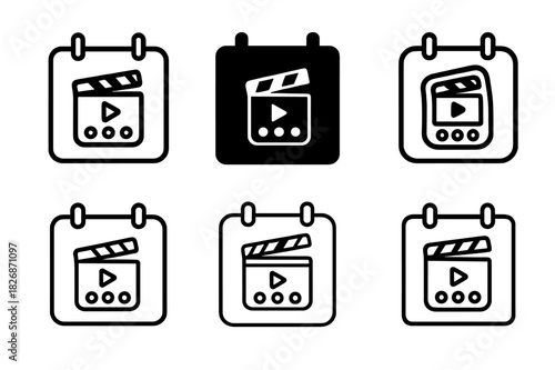 Family Movie Marathon Icons. Organizing a family movie marathon. Icon set. Set Logo of Organizing a family movie marathon: wall calendar with showtimes.