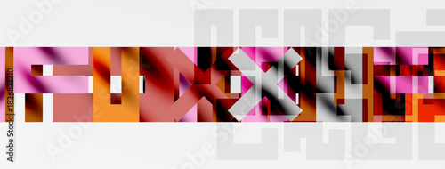 Abstract geometric shapes, warm colors dominate. Rectangles overlap creating complex visual texture. Minimalist design with white background.