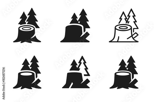 Forestry Logo Variations. Loggers cutting trees in forests. Icon set. Set Logo of forestry work: tree trunk with cut mark. harmonious logo variations of the