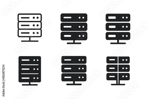 Data Center Logos. Data Center Operations. Icon set. Set Logo of Data Center Operations: server rack. harmonious logo variations of the same emblematic