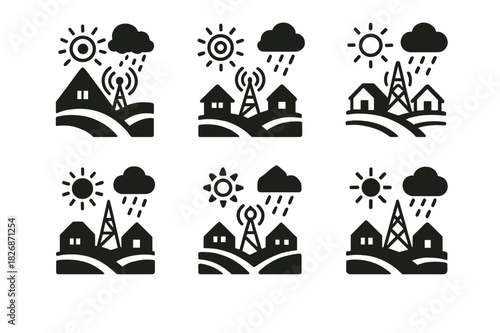 Rural Climate Icons. Rural communities and their adaptation to changing climates. Icon set. Set Logo of Rural communities and their adaptation to changing