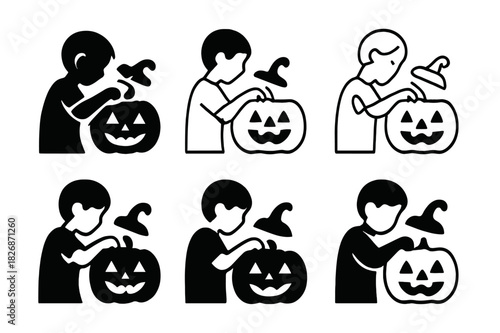 Pumpkin Carving Logos. Children Carving Pumpkins for Halloween. Icon set. Set Logo of Children Carving Pumpkins for Halloween: pumpkin lid with stem.