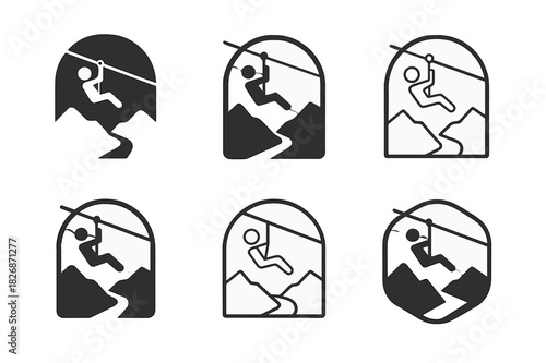 Zip-Line Adventure Icons. Outdoor adventure parks and zip-lining. Icon set. Set Logo of outdoor adventure parks and zip-lining: person zip-lining over valley