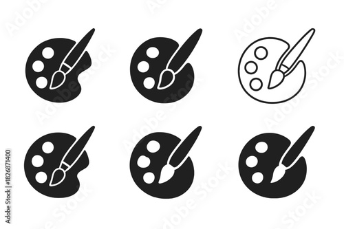 Art Studio Logos. Artists at work in their studios. Icon set. Set Logo of Artists at work in their studios: palette and brush with paint dabs. harmonious logo