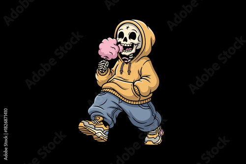 Skeleton character in hoodie eating cotton candy.