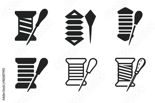 Custom Leathercraft Icons. Leatherworking and creating custom bags. Icon set. Set Logo of leathercraft: thread spool and awl. harmonious logo variations of the