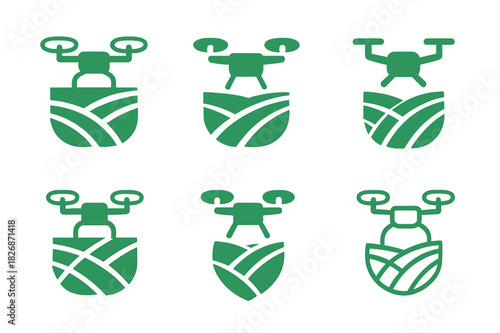 Agricultural Drone Logos. Drones in agriculture for field monitoring. Icon set. Set Logo of drones in agriculture for field monitoring: field grid pattern.