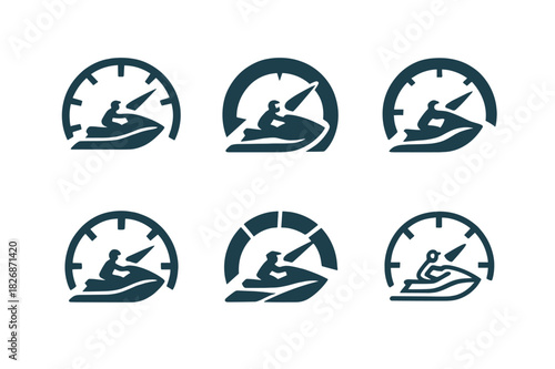 Jet Ski Logos. Jet skiing. Icon set. Set Logo of Jet skiing: speedometer with jet ski needle. harmonious logo variations of the same emblematic concept, each