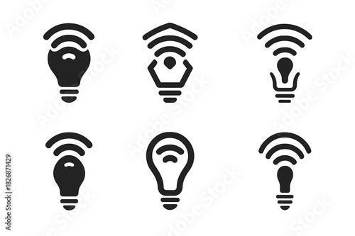 Smart Bulbs Logo Set. Setting up smart bulbs. Icon set. Set Logo of smart lighting: Wi-Fi light symbol. harmonious logo variations of the same emblematic