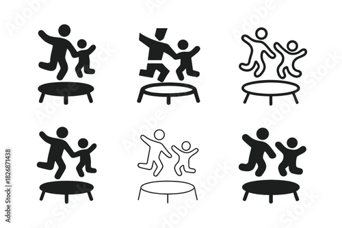 Trampoline Joy Logos. Jumping on a trampoline in a backyard. Icon set. Set Logo of outdoor fun: parent and child jumping together. harmonious logo variations