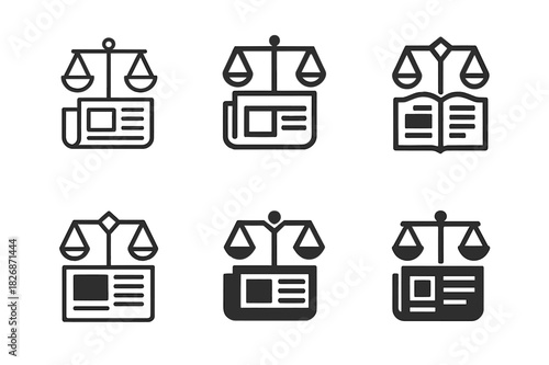 Journalism Ethics Logos. Journalism ethics and bias. Icon set. Set Logo of journalism ethics and bias: scales of justice atop a newspaper headline. harmonious