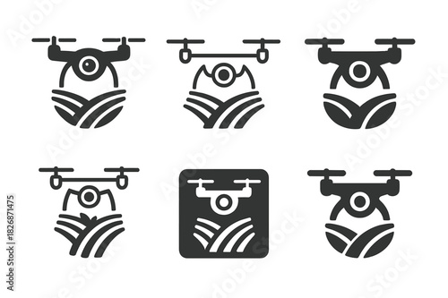 Agricultural Drone Logos. Drones in agriculture for field monitoring. Icon set. Set Logo of drones in agriculture for field monitoring: drone camera.