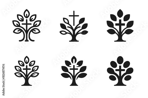 Theological Icon Evolution. The evolution of Christian theology. Icon set. Set Logo of the evolution of Christian theology: theological tree. harmonious logo