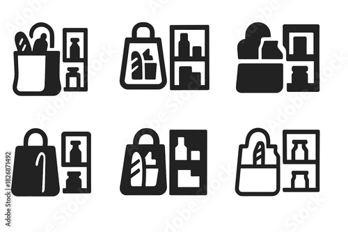 Groceries Icon Art. Putting groceries away. Icon set. Set Logo of putting groceries away: shopping bag being unloaded into pantry shelves. harmonious logo