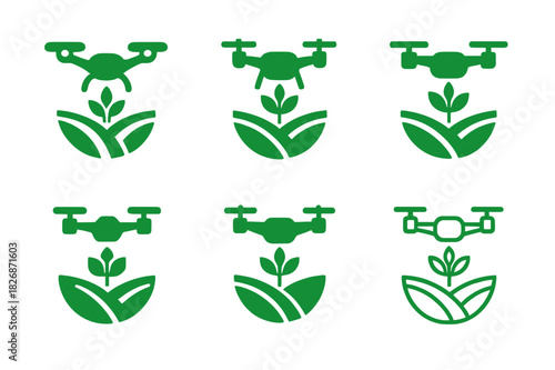 Agricultural Drone Logos. Drones in agriculture for field monitoring. Icon set. Set Logo of drones in agriculture for field monitoring: crop health symbol.