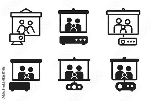 Family Movie Marathon Icons. Organizing a family movie marathon. Icon set. Set Logo of Organizing a family movie marathon: projector and pull-down screen.