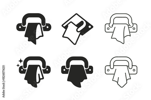 Vintage Craftsmanship Icons. Restoring antique furniture and home items. Icon set. Set Logo of vintage craftsmanship: drawer handle and polish cloth.