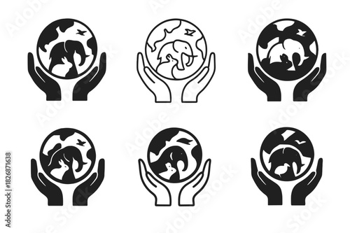 Eco-Tourism Logo Collection. Eco-tourism with wildlife preservation. Icon set. Set Logo of eco-tourism with wildlife preservation: person hiking with wildlife