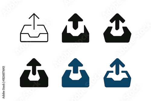 Outgoing Mail Icons. Outgoing mail tray. Icon set. Set Logo of outgoing mail tray: arrow from inbox to outbox. harmonious logo variations of the same