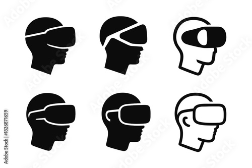 VR Logo Variations. Virtual reality gaming. Icon set. Set Logo of VR experience: futuristic headset logo mark. harmonious logo variations of the same