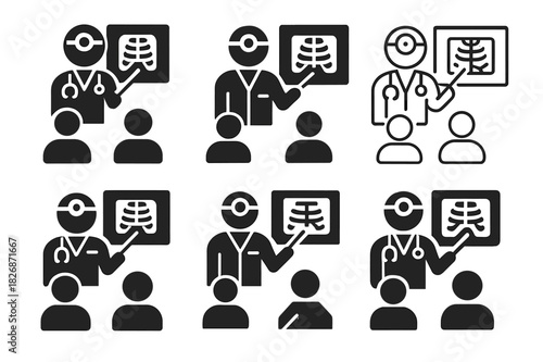 X-ray Logo Variations. Doctor explaining X-ray results. Icon set. Set Logo of Doctor explaining X-ray results: doctor using laser pointer on projected X-ray.