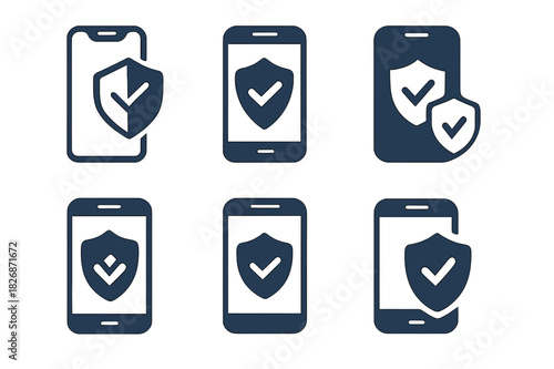 Mobile Banking Security Icons. Mobile banking security. Icon set. Set Logo of mobile banking security: security alert on mobile. harmonious logo variations of