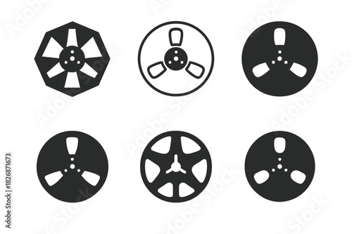 Retro Electronics Icons. Decorating with vintage electronics. Icon set. Set Logo of Decorating with vintage electronics: reel-to-reel tape recorder spools.