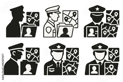 Law Enforcement Logos. Law enforcement agents handling legal documentation and investigations. Icon set. Set Logo of Law enforcement agents handling legal