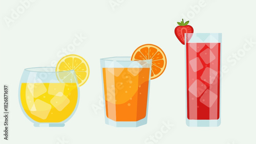 Three refreshing fruit juices in glasses garnished with citrus slices and berries, perfect for a healthy lifestyle