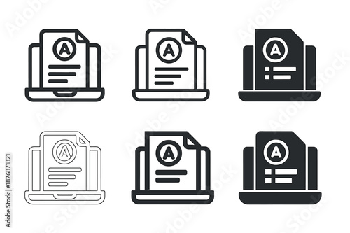Online Grading Logos. Online grading system. Icon set. Set Logo of Online grading system: laptop with graded paper. harmonious logo variations of the same